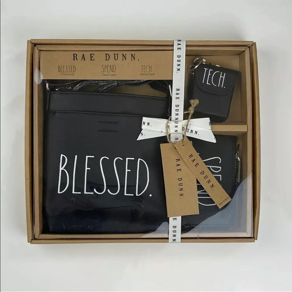 Rae Dunn cross body purse, airpod case, card case set back